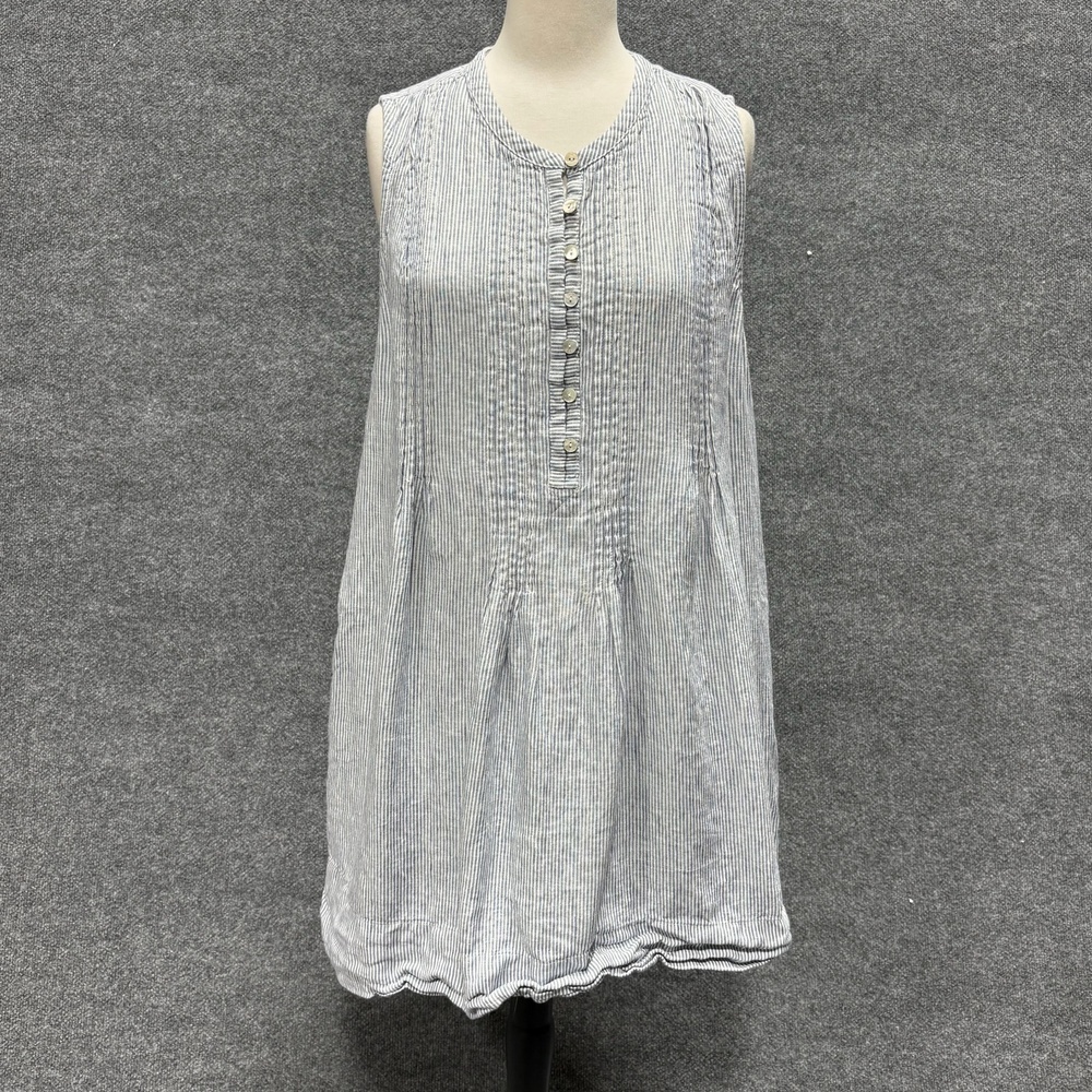 Faherty Dress Womens XL Blue Striped Linen Sleeveless Henley Swing Knee Trapeze